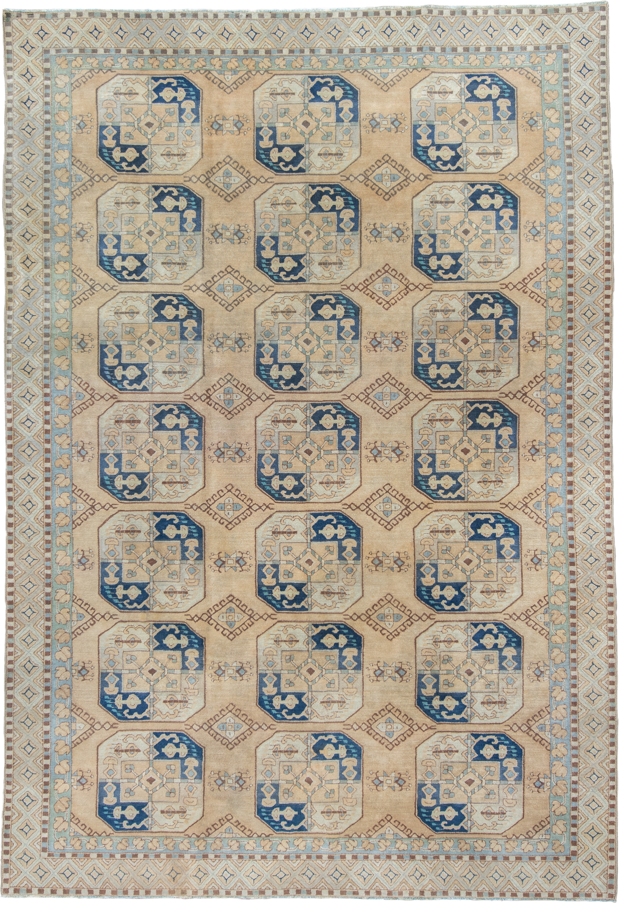 7' x 10' one-of-a-kind handmade vintage Hooked large size rug. Color palette: ivory, sky_blue, navy, tan, camel, taupe