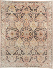 9' x 12' one-of-a-kind handmade antique Hooked large size rug. Color palette: ivory, blush, taupe, charcoal, peach, sage