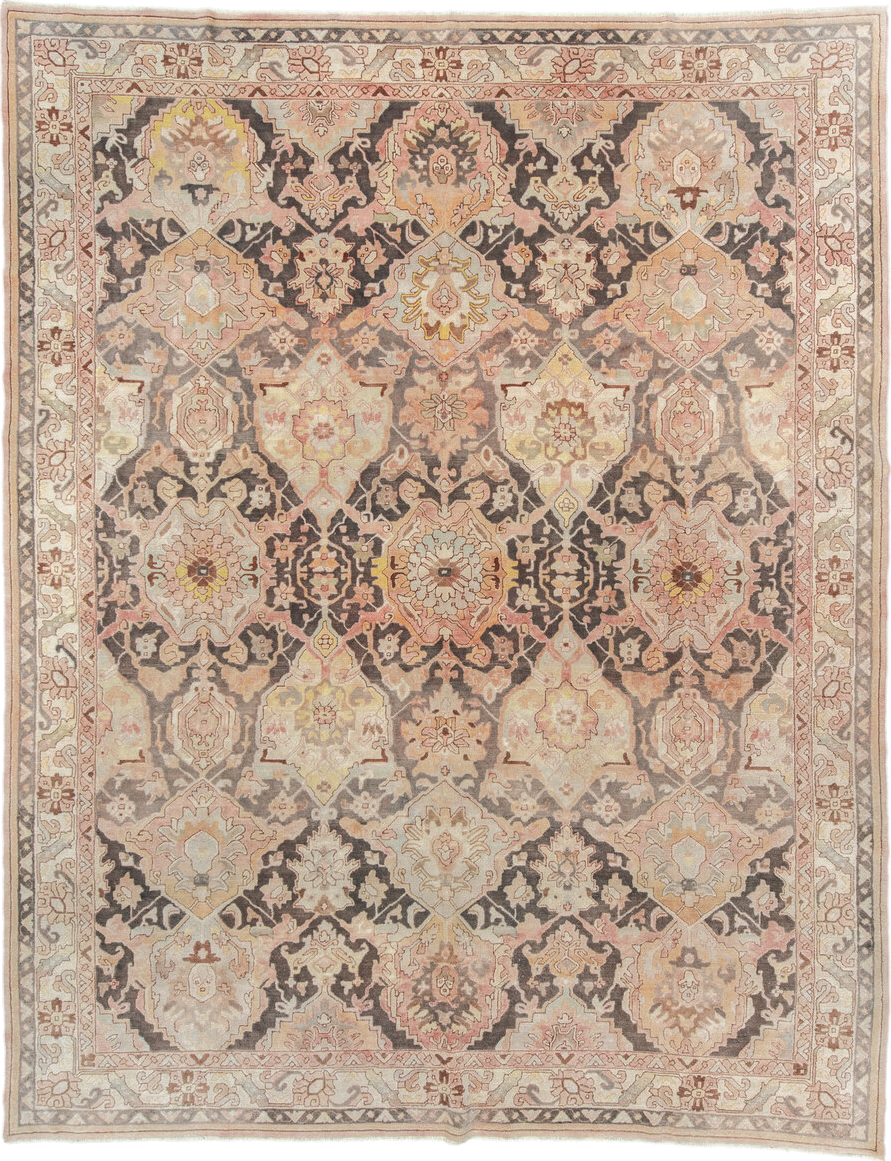 9' x 12' one-of-a-kind handmade antique Hooked large size rug. Color palette: ivory, blush, taupe, charcoal, peach, sage