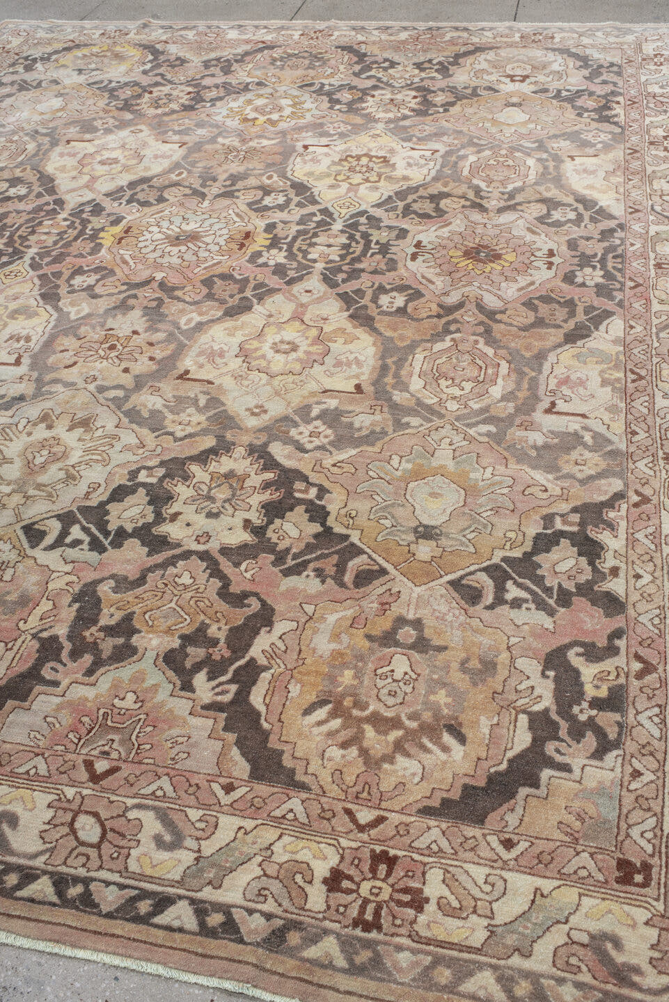 9' x 12' one-of-a-kind handmade antique Hooked large size rug. Color palette: ivory, blush, taupe, charcoal, peach, sage