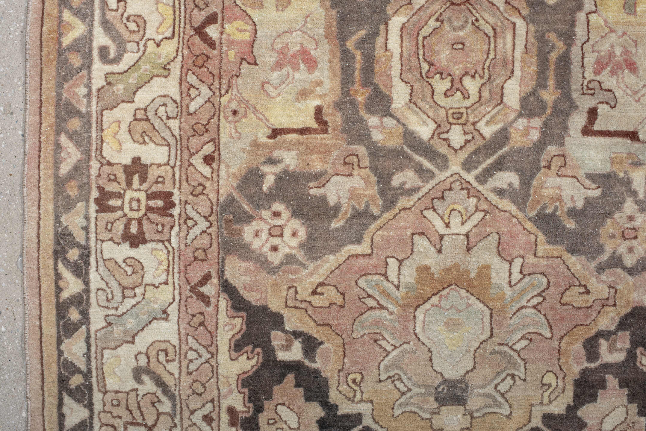 9' x 12' one-of-a-kind handmade antique Hooked large size rug. Color palette: ivory, blush, taupe, charcoal, peach, sage