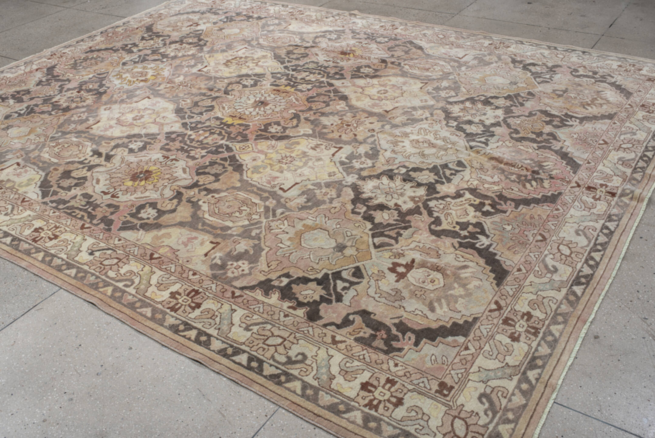 9' x 12' one-of-a-kind handmade vintage Hooked large size rug. Color palette: light gray, off-white, gray, pink, brown