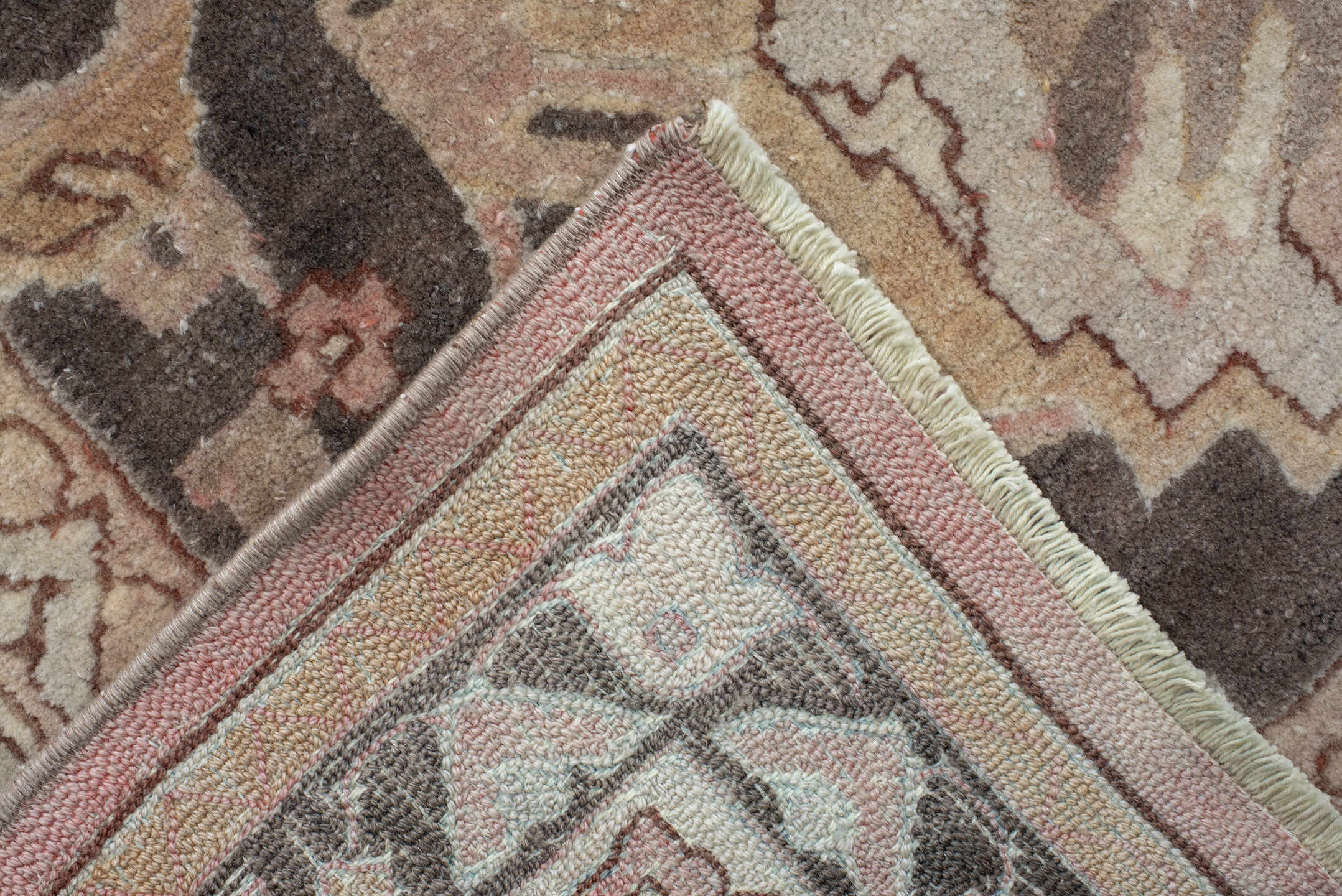 9' x 12' one-of-a-kind handmade antique Hooked large size rug. Color palette: ivory, blush, taupe, charcoal, peach, sage