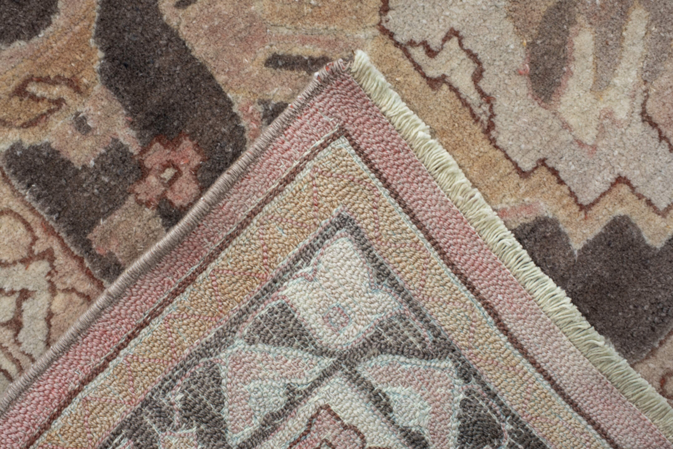 9' x 12' one-of-a-kind handmade vintage Hooked large size rug. Color palette: light gray, off-white, gray, pink, brown