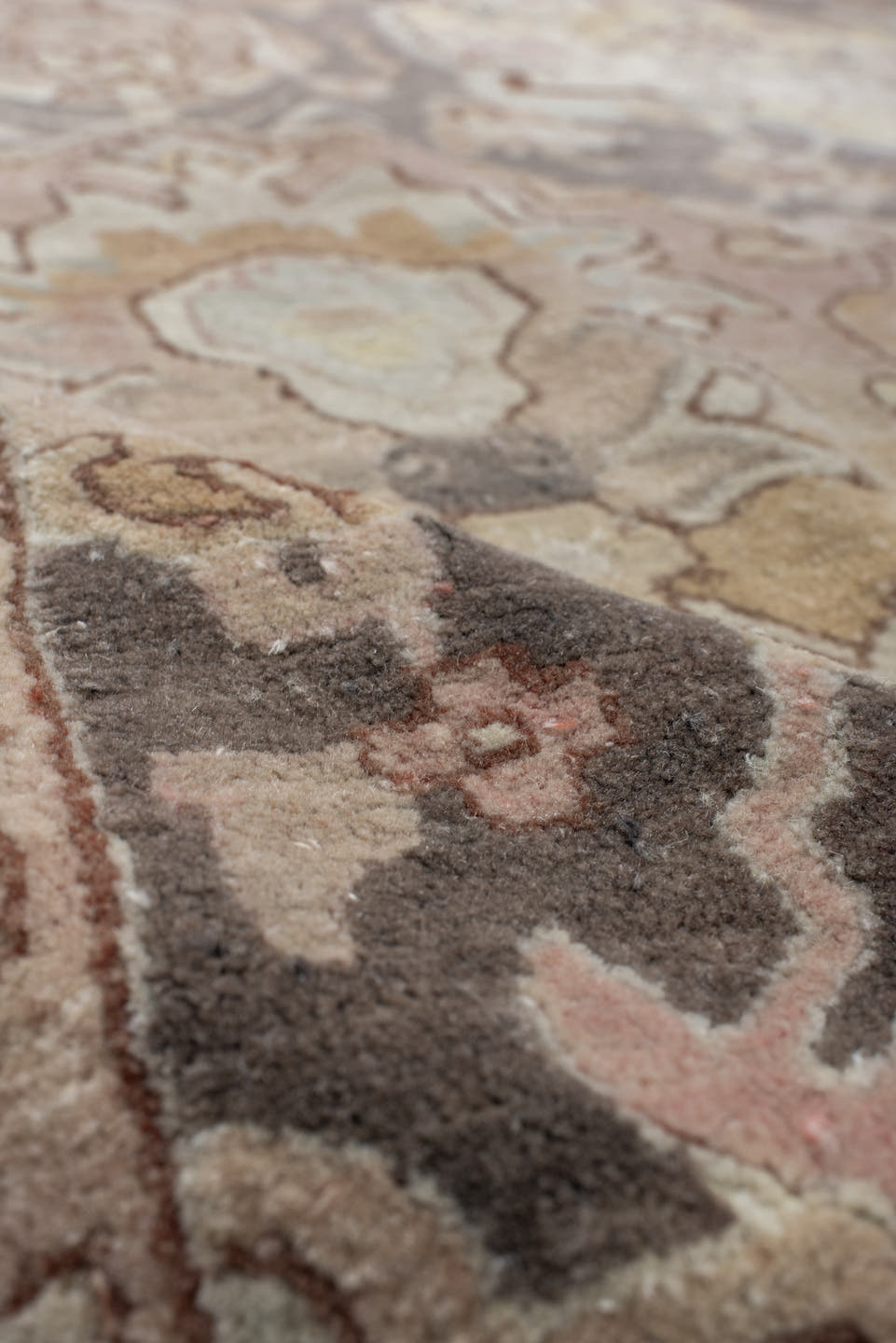 9' x 12' one-of-a-kind handmade antique Hooked large size rug. Color palette: ivory, blush, taupe, charcoal, peach, sage