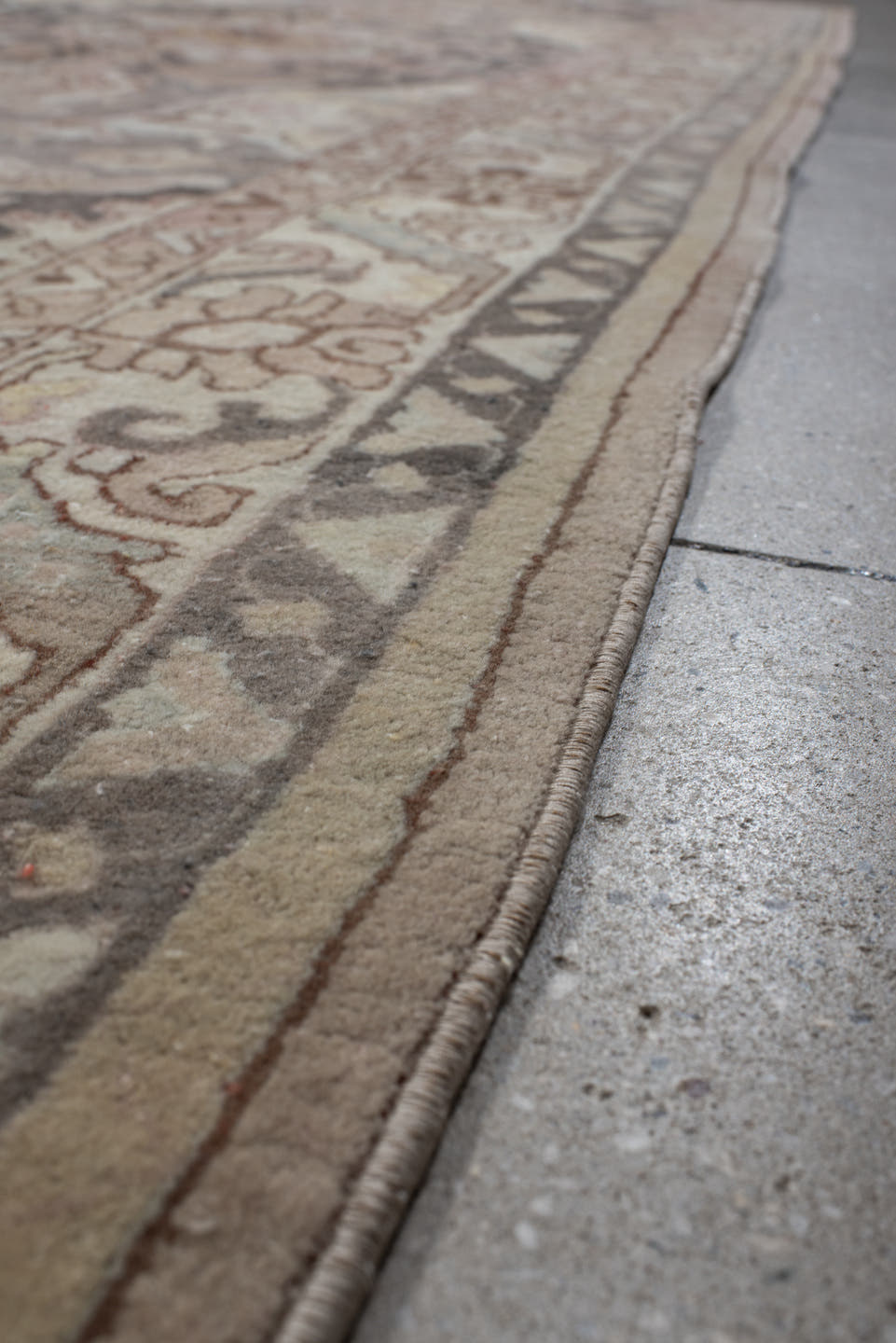 9' x 12' one-of-a-kind handmade antique Hooked large size rug. Color palette: ivory, blush, taupe, charcoal, peach, sage
