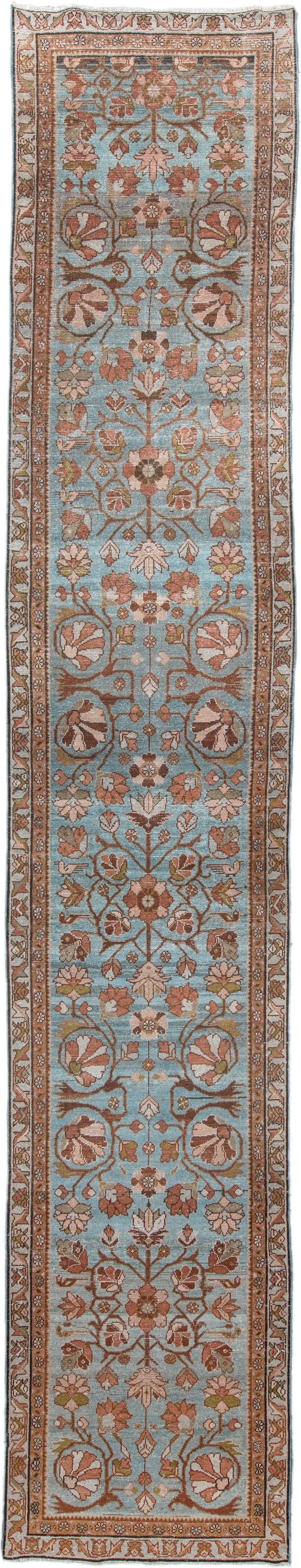 3' x 16' one-of-a-kind handmade vintage Malayer runner rug. Color palette: sky blue, rust, ivory, camel, taupe, sage
