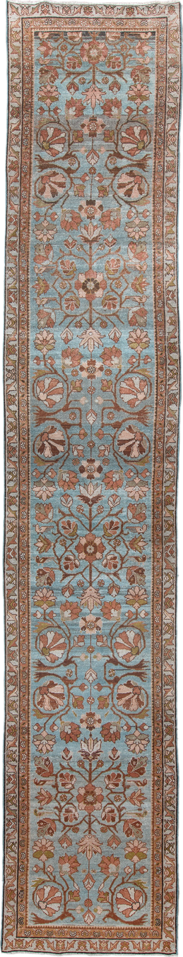 3' x 16' one-of-a-kind handmade vintage Malayer runner rug. Color palette: sky blue, rust, ivory, camel, taupe, sage