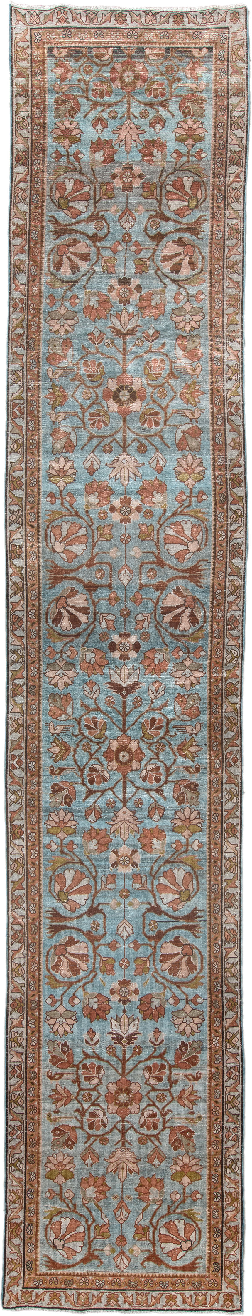 3' x 16' one-of-a-kind handmade vintage Malayer runner rug. Color palette: sky blue, rust, ivory, camel, taupe, sage