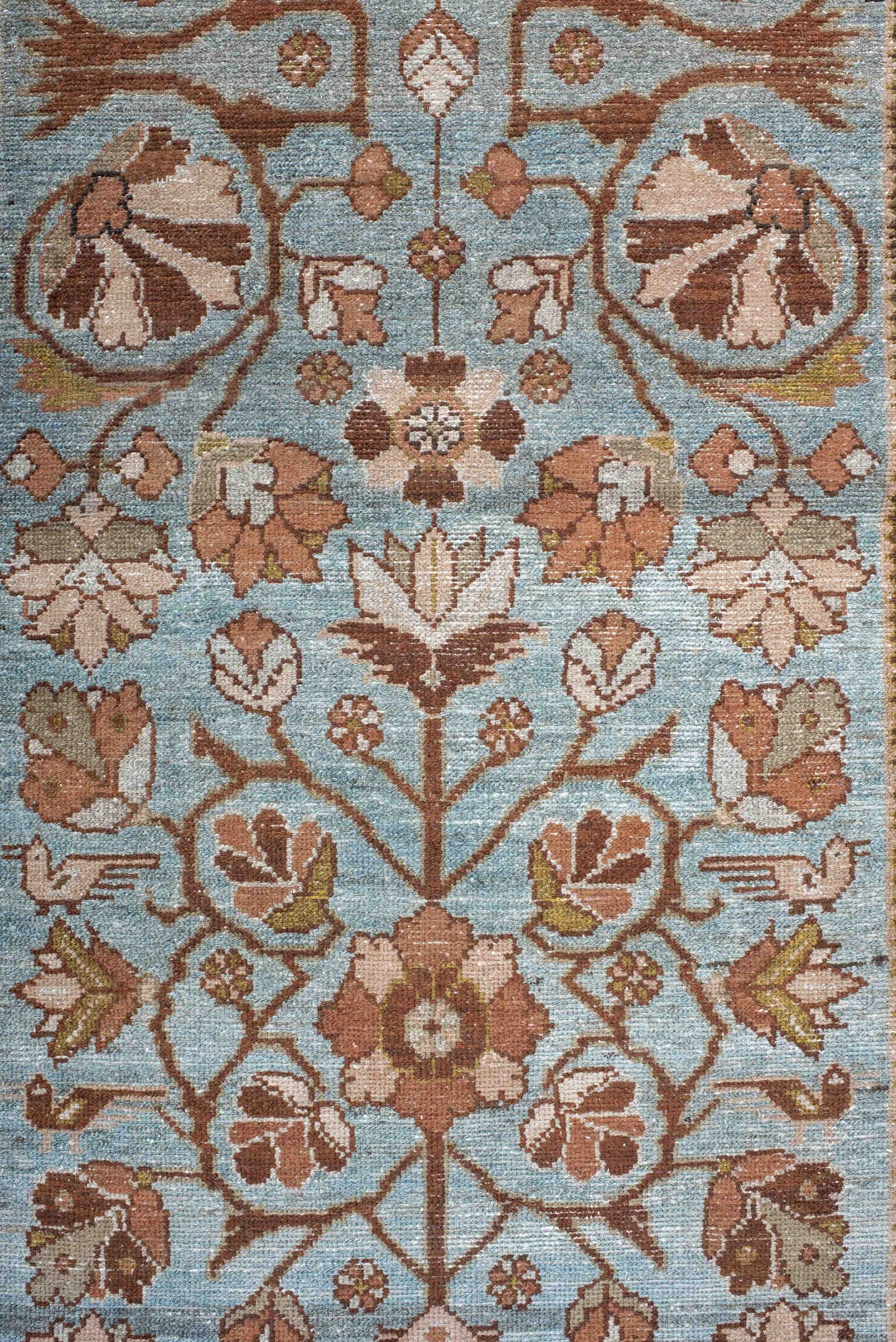 3' x 16' one-of-a-kind handmade vintage Malayer runner rug. Color palette: sky blue, rust, ivory, camel, taupe, sage