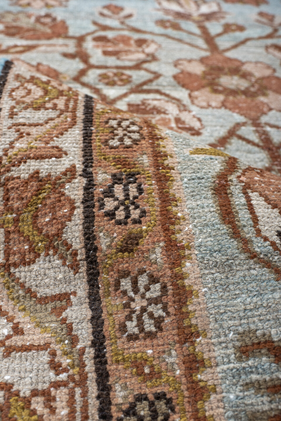 3' x 16' one-of-a-kind handmade vintage Malayer runner rug. Color palette: sky blue, rust, ivory, camel, taupe, sage