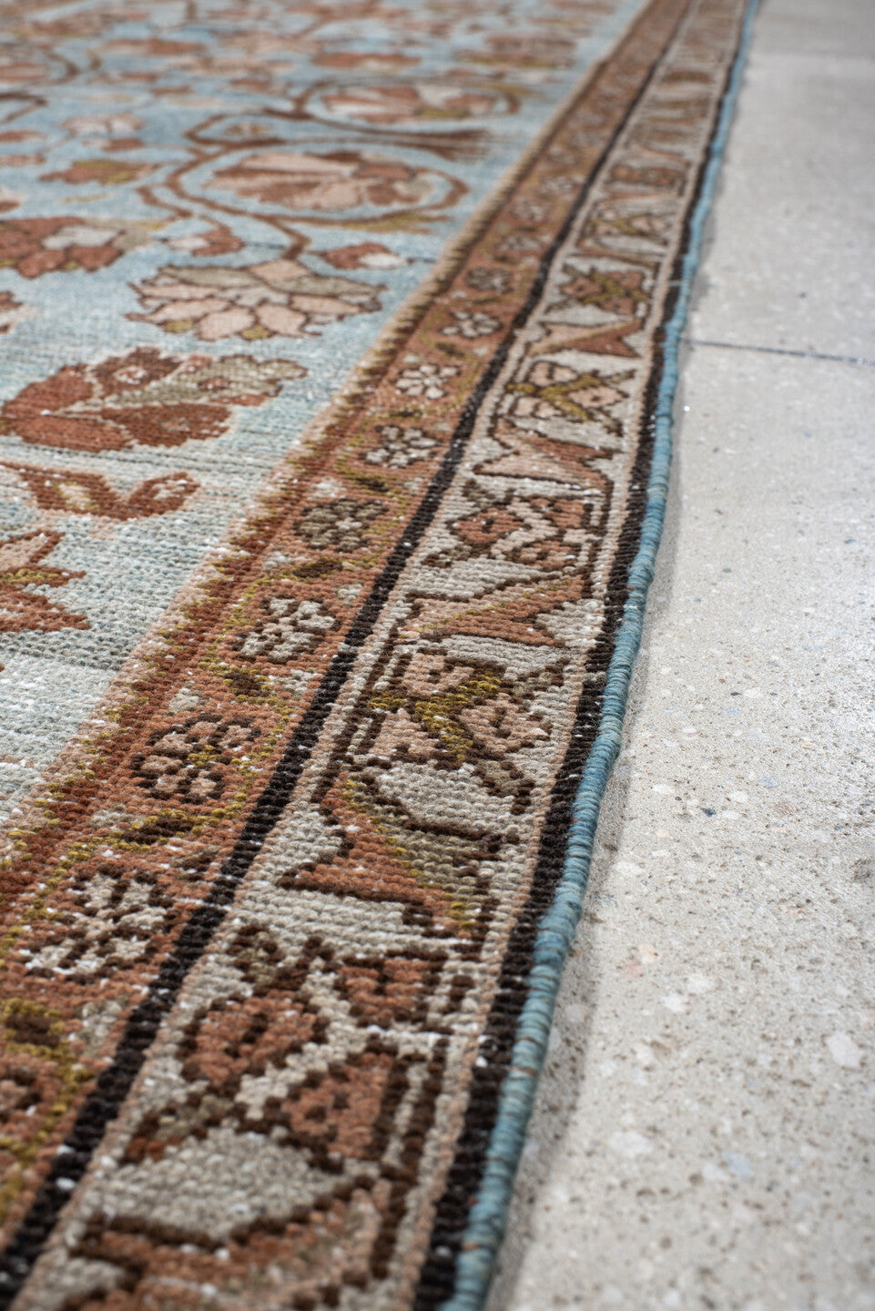 3' x 16' one-of-a-kind handmade vintage Malayer runner rug. Color palette: sky blue, rust, ivory, camel, taupe, sage