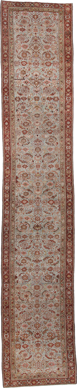 3' x 15' one-of-a-kind handmade vintage Malayer runner rug. Color palette: ivory, rust, brick, camel, taupe, brown