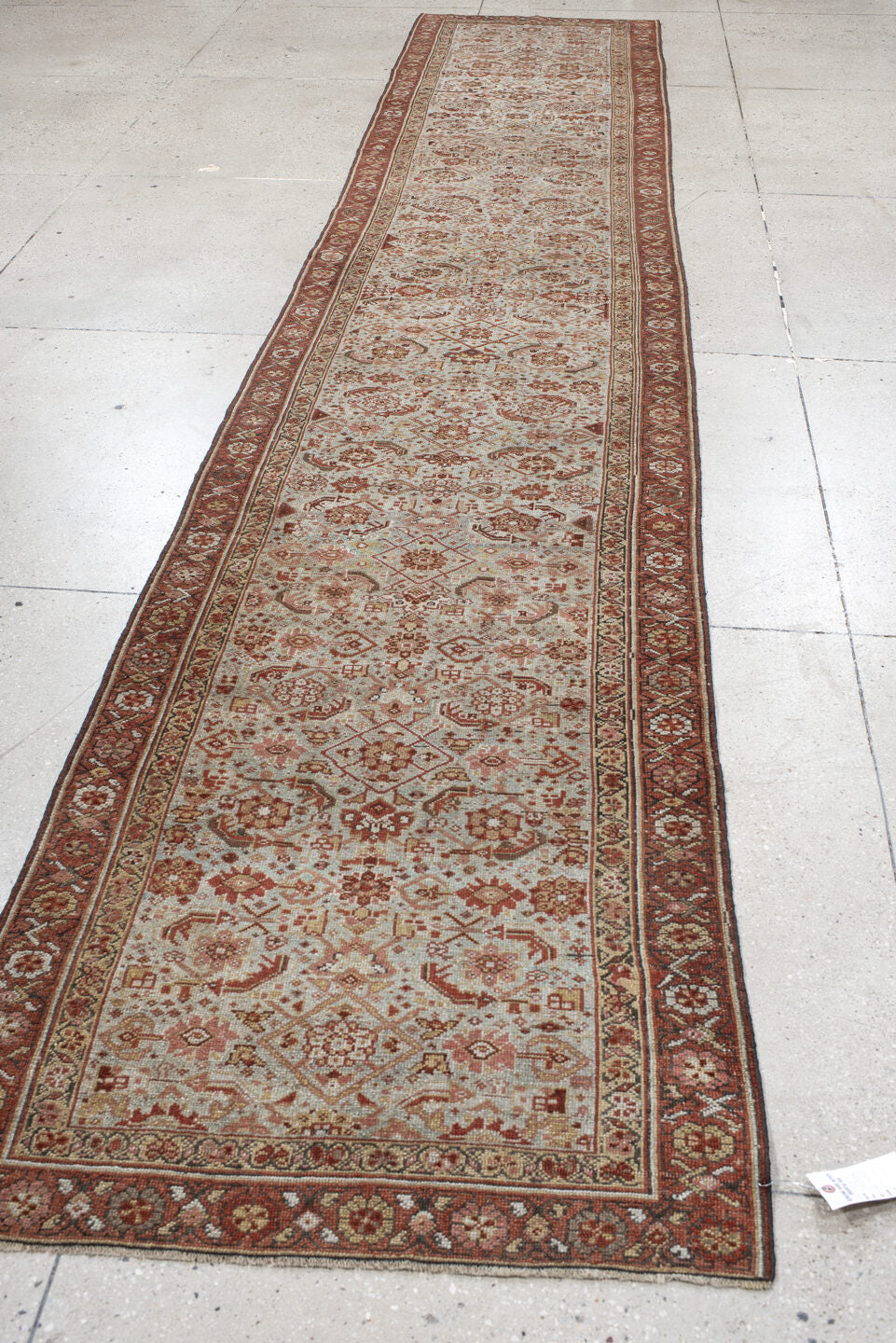 3' x 15' one-of-a-kind handmade vintage Malayer runner rug. Color palette: ivory, rust, brick, camel, taupe, brown