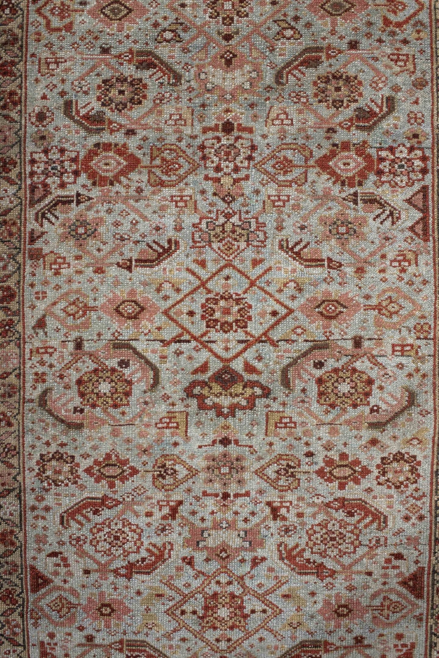 3' x 15' one-of-a-kind handmade vintage Malayer runner rug. Color palette: ivory, rust, brick, camel, taupe, brown
