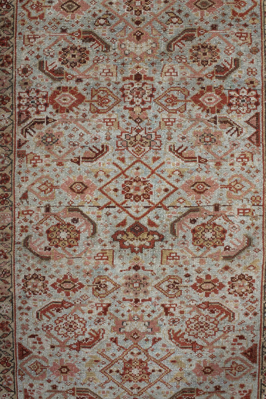 3' x 15' one-of-a-kind handmade vintage Malayer runner rug. Color palette: ivory, rust, brick, camel, taupe, brown