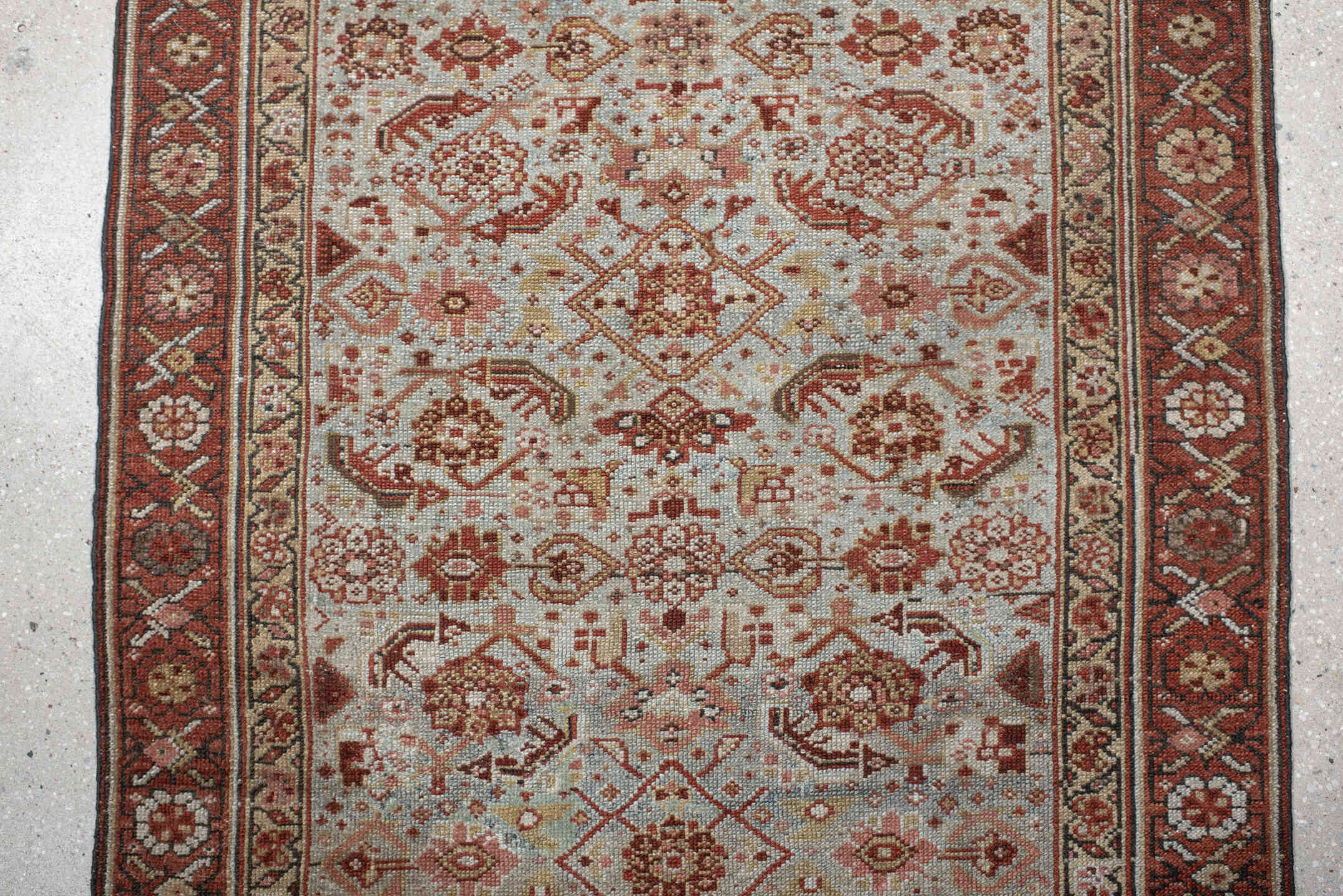 3' x 15' one-of-a-kind handmade vintage Malayer runner rug. Color palette: ivory, rust, brick, camel, taupe, brown