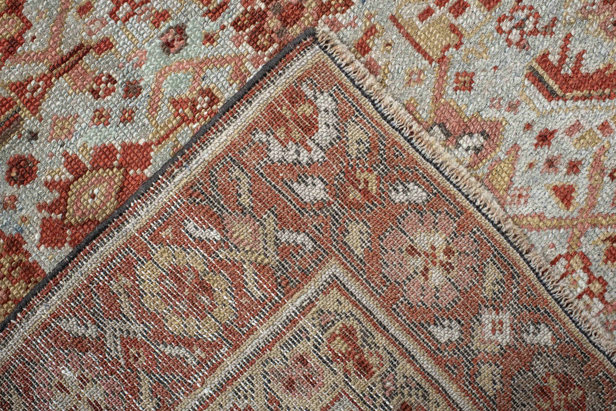 3' x 15' one-of-a-kind handmade vintage Malayer runner rug. Color palette: ivory, rust, brick, camel, taupe, brown