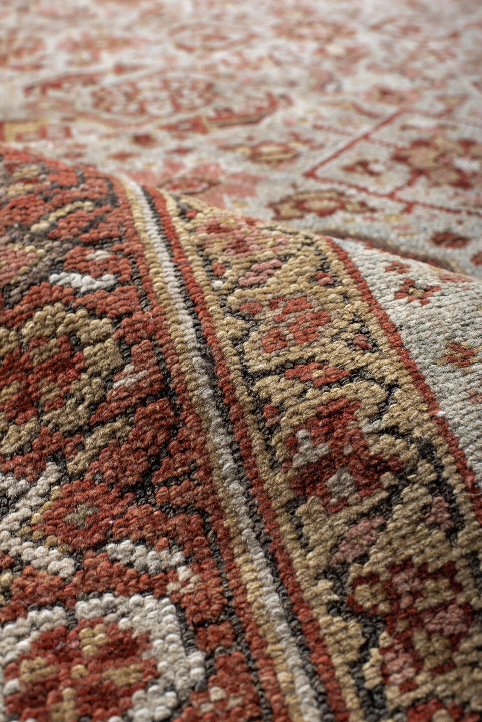 3' x 15' one-of-a-kind handmade vintage Malayer runner rug. Color palette: ivory, rust, brick, camel, taupe, brown