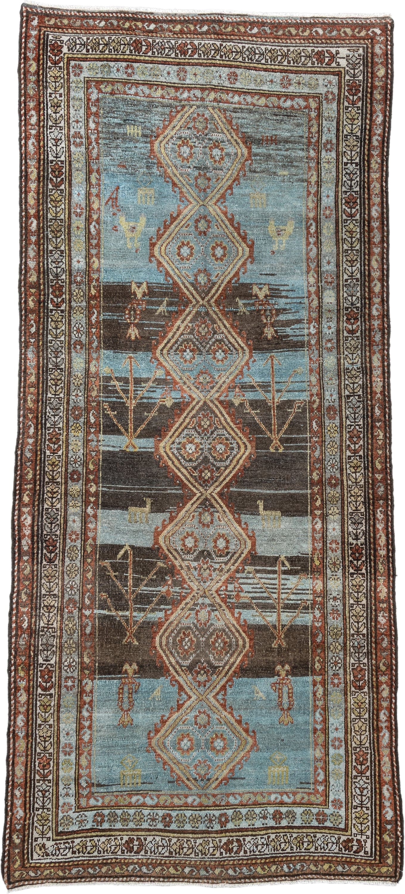 3' x 9' one-of-a-kind handmade vintage Hamadan runner rug. Color palette: sky blue, brown, rust, ivory, camel, charcoal