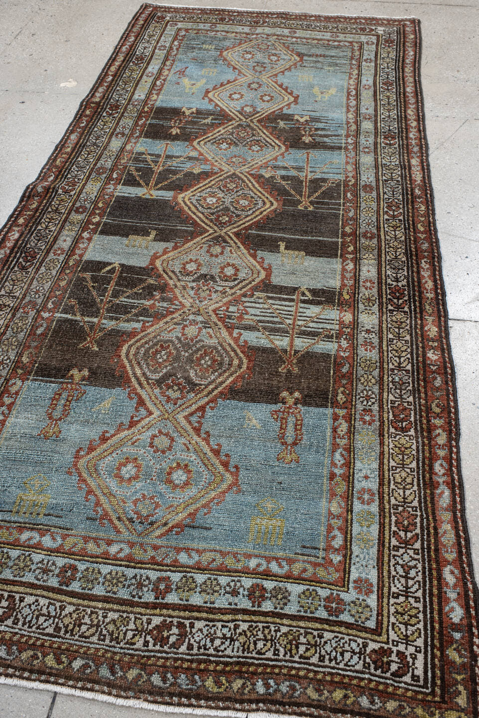 3' x 9' one-of-a-kind handmade vintage Hamadan runner rug. Color palette: sky blue, brown, rust, ivory, camel, charcoal