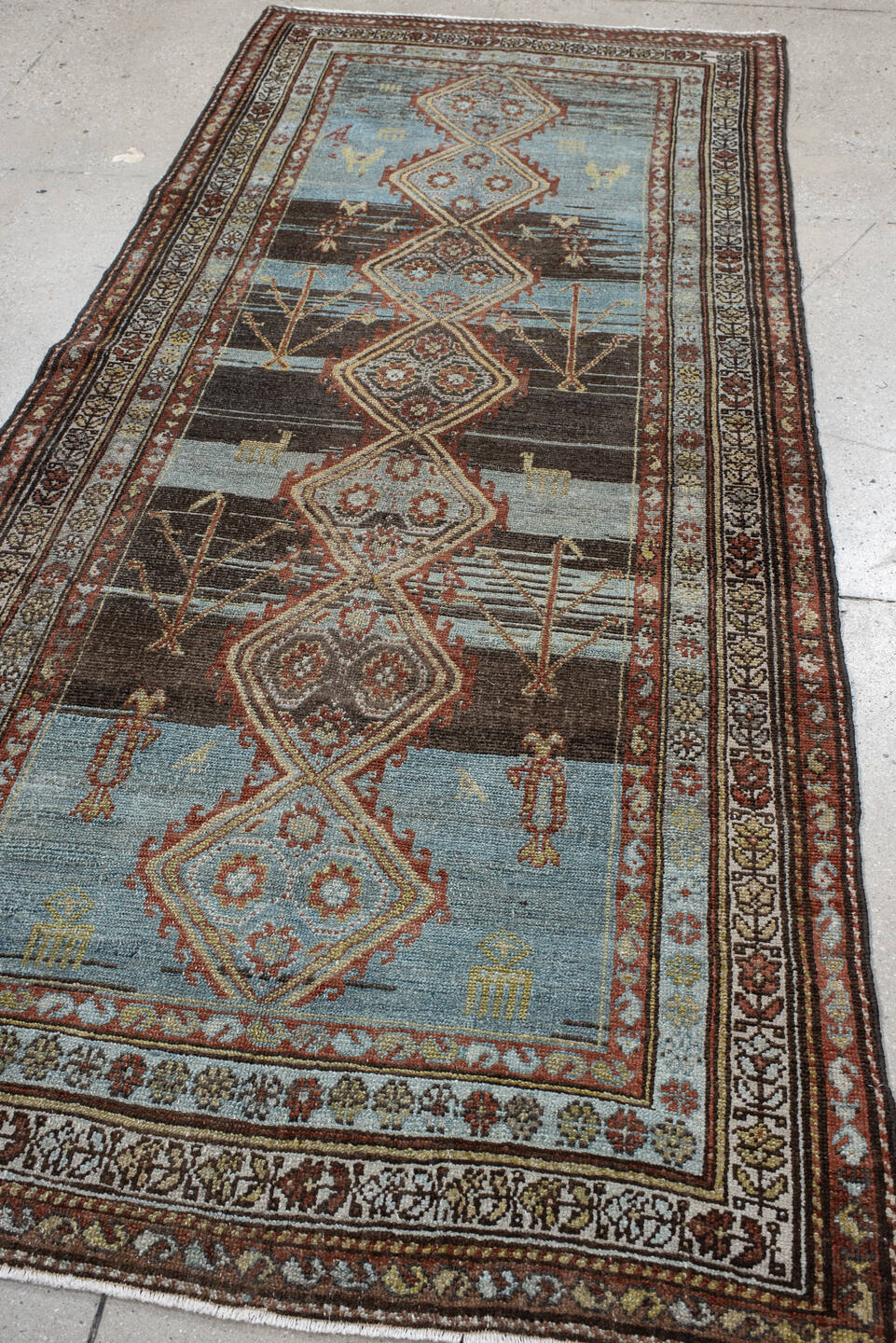3' x 9' one-of-a-kind handmade vintage Hamadan runner rug. Color palette: sky blue, brown, rust, ivory, camel, charcoal