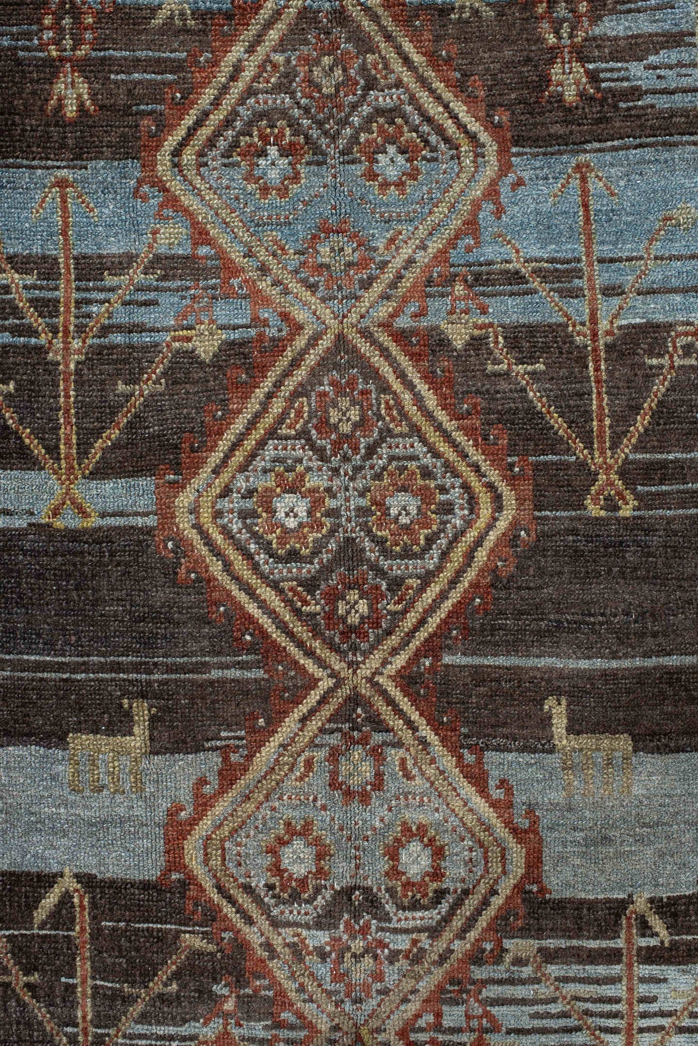 3' x 9' one-of-a-kind handmade vintage Hamadan runner rug. Color palette: sky blue, brown, rust, ivory, camel, charcoal