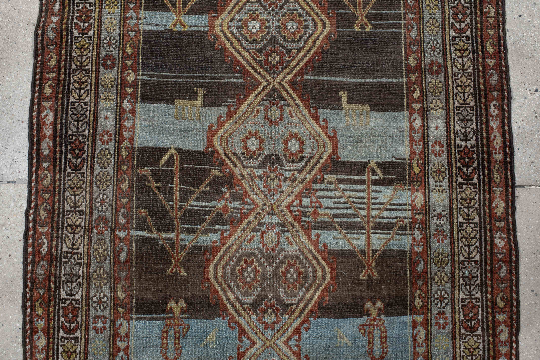 3' x 9' one-of-a-kind handmade vintage Hamadan runner rug. Color palette: sky blue, brown, rust, ivory, camel, charcoal