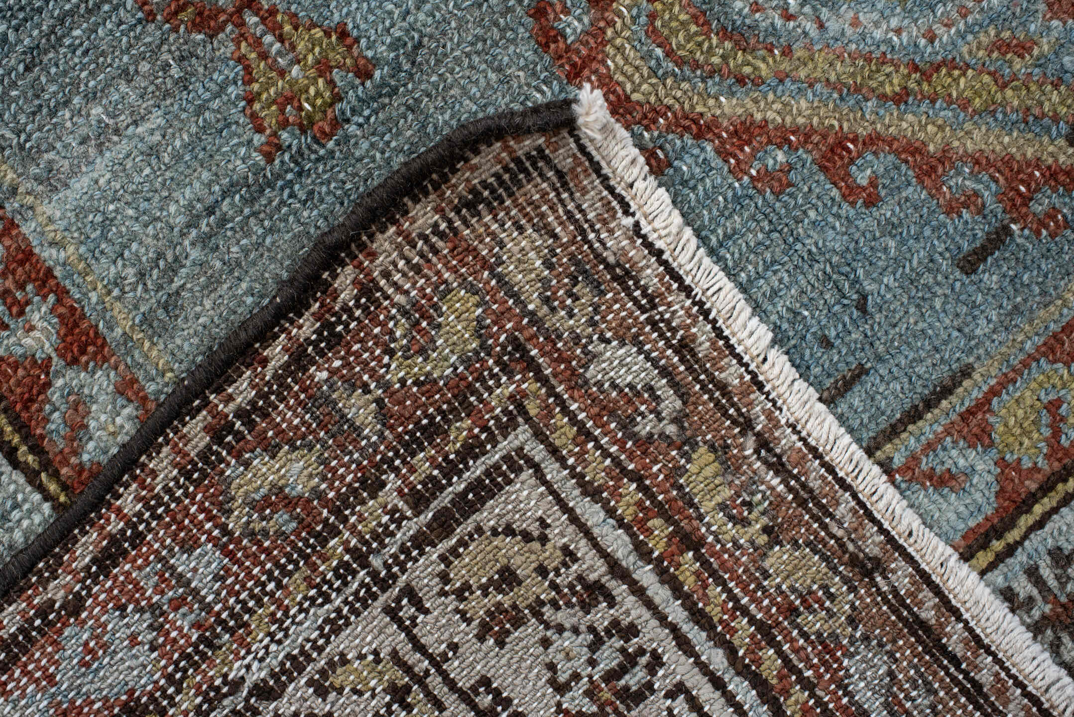3' x 9' one-of-a-kind handmade vintage Hamadan runner rug. Color palette: sky blue, brown, rust, ivory, camel, charcoal