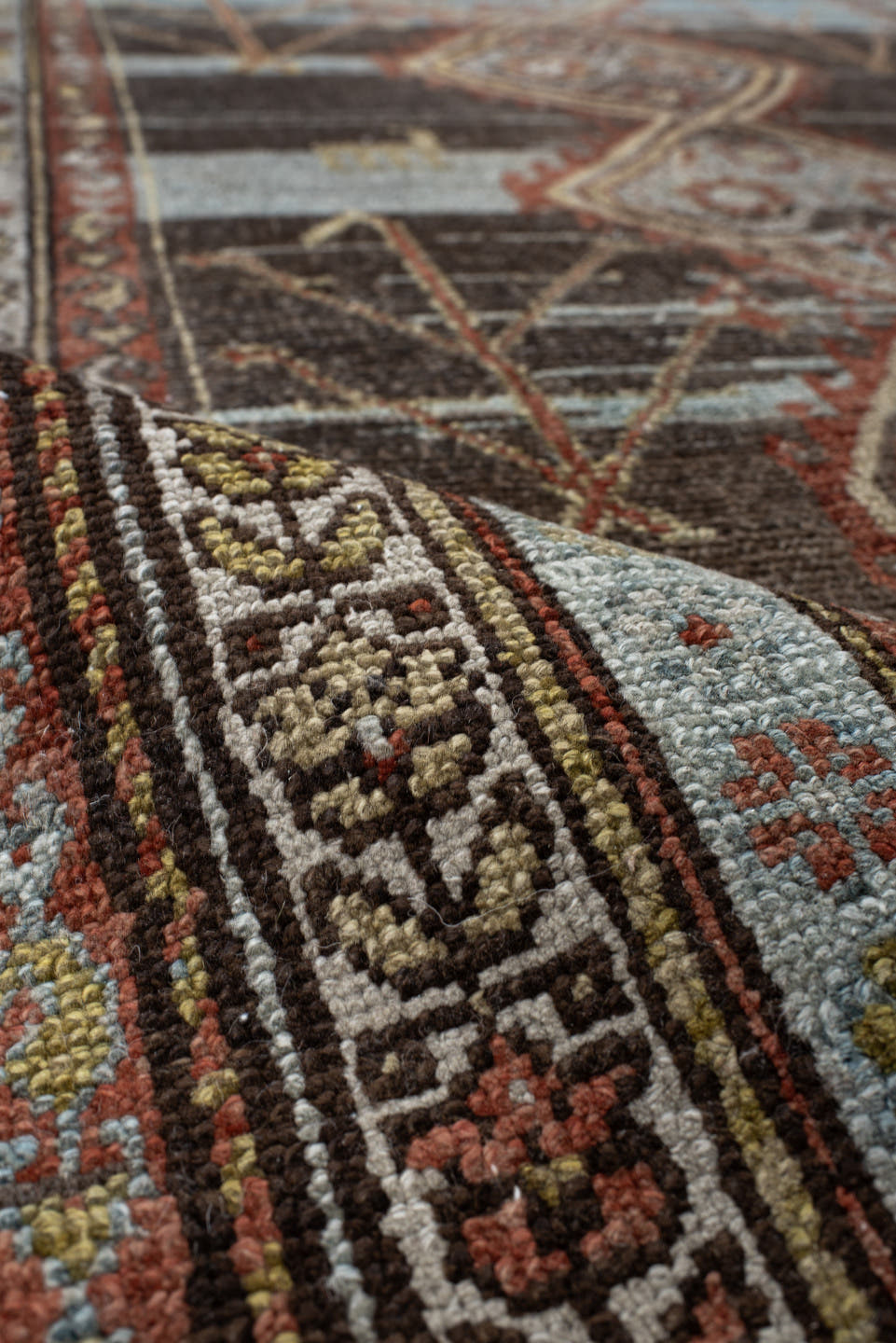 3' x 9' one-of-a-kind handmade vintage Hamadan runner rug. Color palette: sky blue, brown, rust, ivory, camel, charcoal