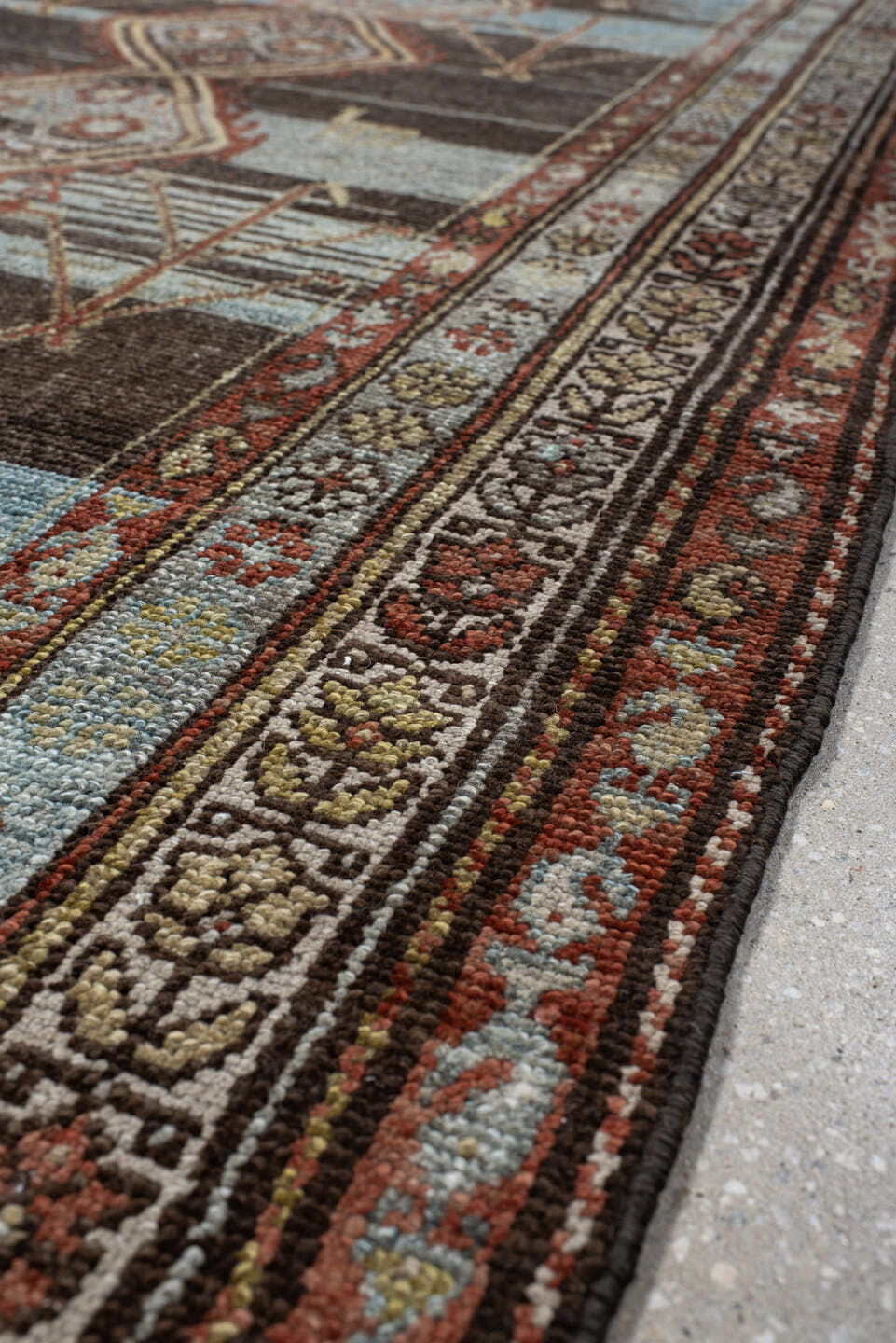 3' x 9' one-of-a-kind handmade vintage Hamadan runner rug. Color palette: sky blue, brown, rust, ivory, camel, charcoal