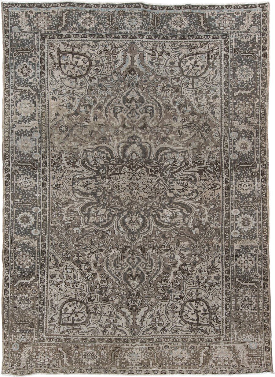 8' x 11' one-of-a-kind handmade antique Heriz large size rug. Color palette: taupe, brown, ivory, charcoal, slate, pale blue