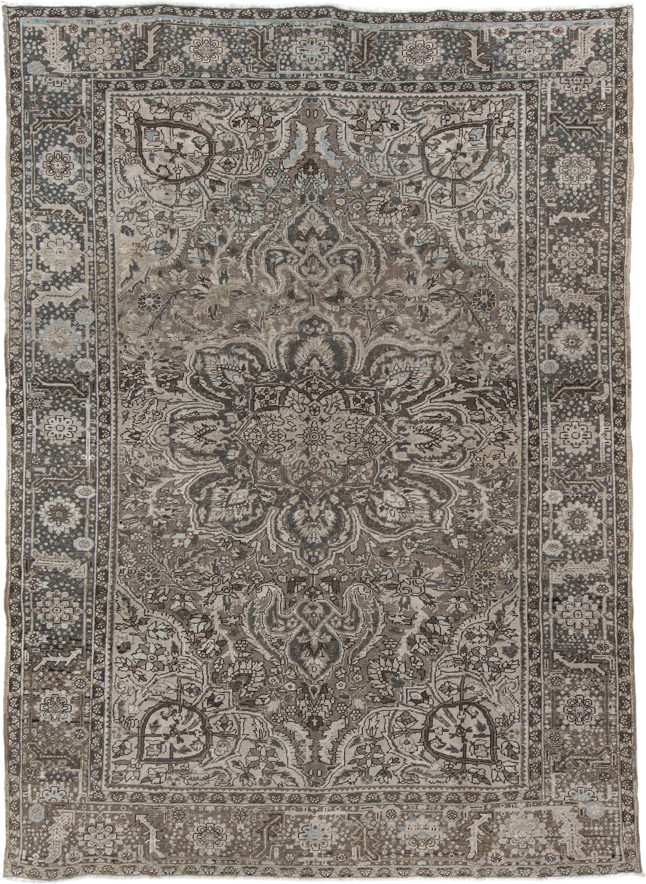 8' x 11' one-of-a-kind handmade antique Heriz large size rug. Color palette: taupe, brown, ivory, charcoal, slate, pale blue