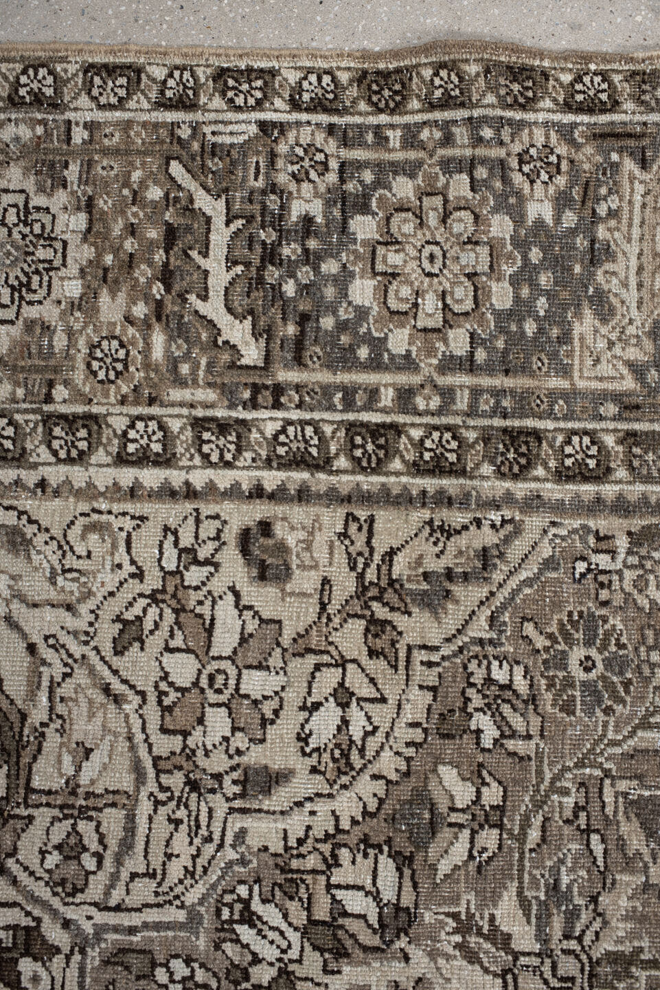 8' x 11' one-of-a-kind handmade antique Heriz large size rug. Color palette: taupe, brown, ivory, charcoal, slate, pale blue