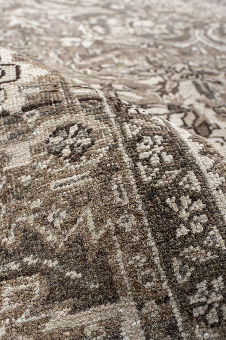 8' x 11' one-of-a-kind handmade antique Heriz large size rug. Color palette: taupe, brown, ivory, charcoal, slate, pale blue