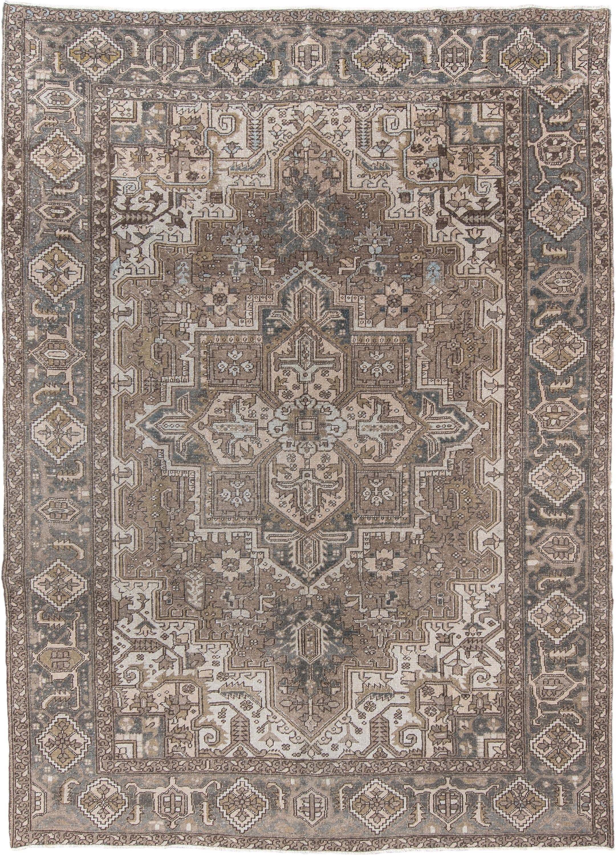 8' x 11' one-of-a-kind handmade vintage Heriz large size rug. Color palette: taupe, ivory, slate, brown, gold, charcoal