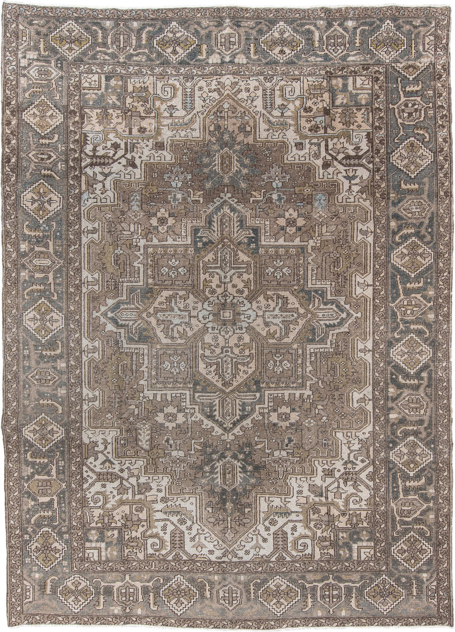 8' x 11' one-of-a-kind handmade vintage Heriz large size rug. Color palette: taupe, ivory, slate, brown, gold, charcoal