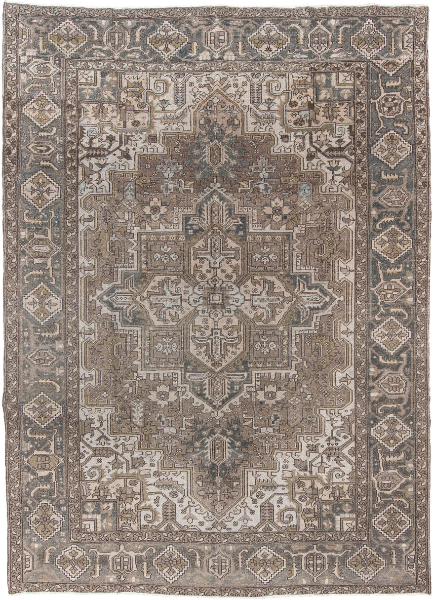 8' x 11' one-of-a-kind handmade vintage Heriz large size rug. Color palette: taupe, ivory, slate, brown, gold, charcoal