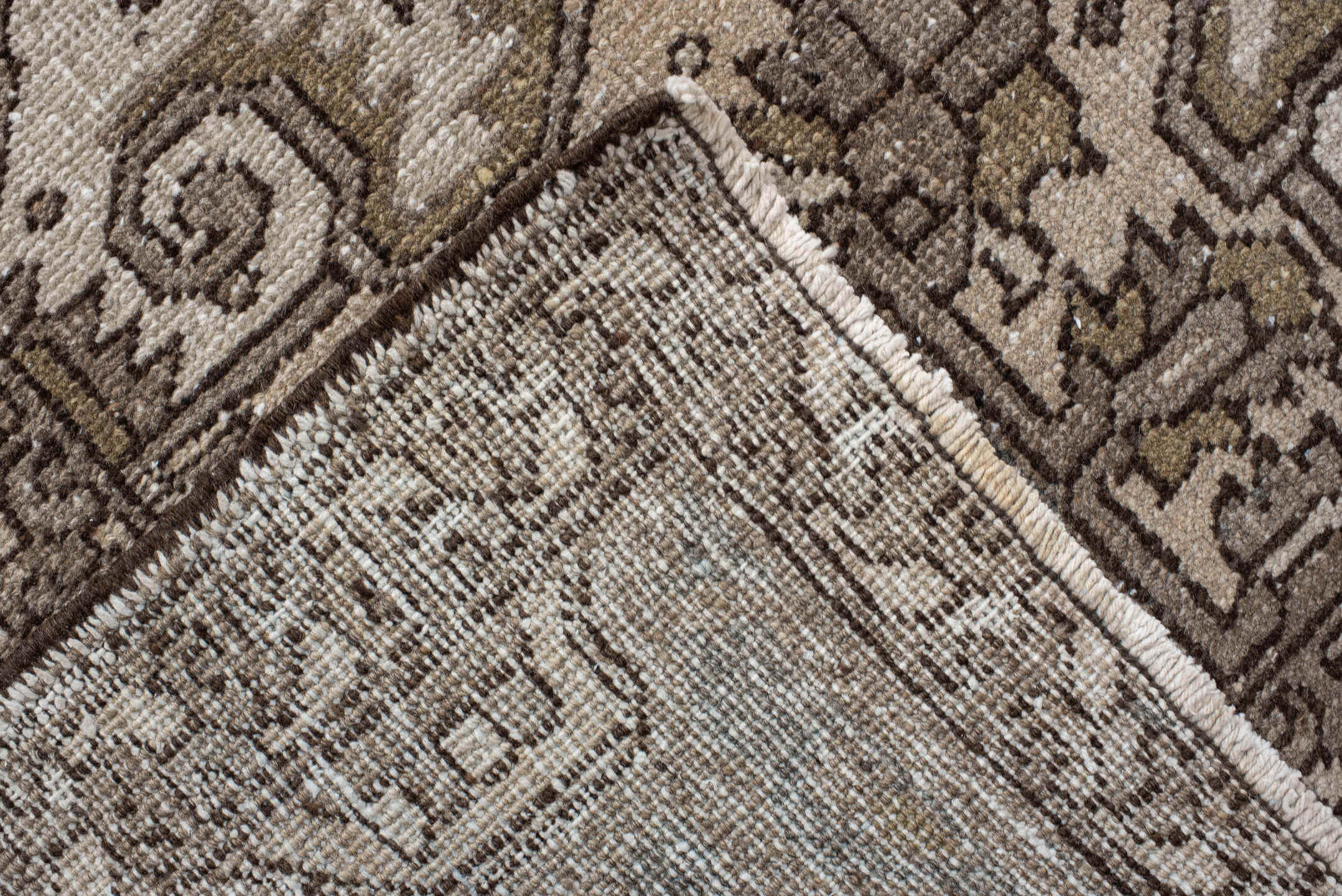 8' x 11' one-of-a-kind handmade vintage Heriz large size rug. Color palette: taupe, ivory, slate, brown, gold, charcoal