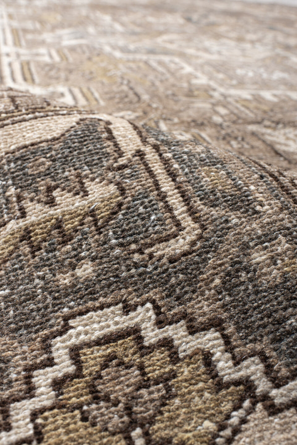 8' x 11' one-of-a-kind handmade vintage Heriz large size rug. Color palette: taupe, ivory, slate, brown, gold, charcoal