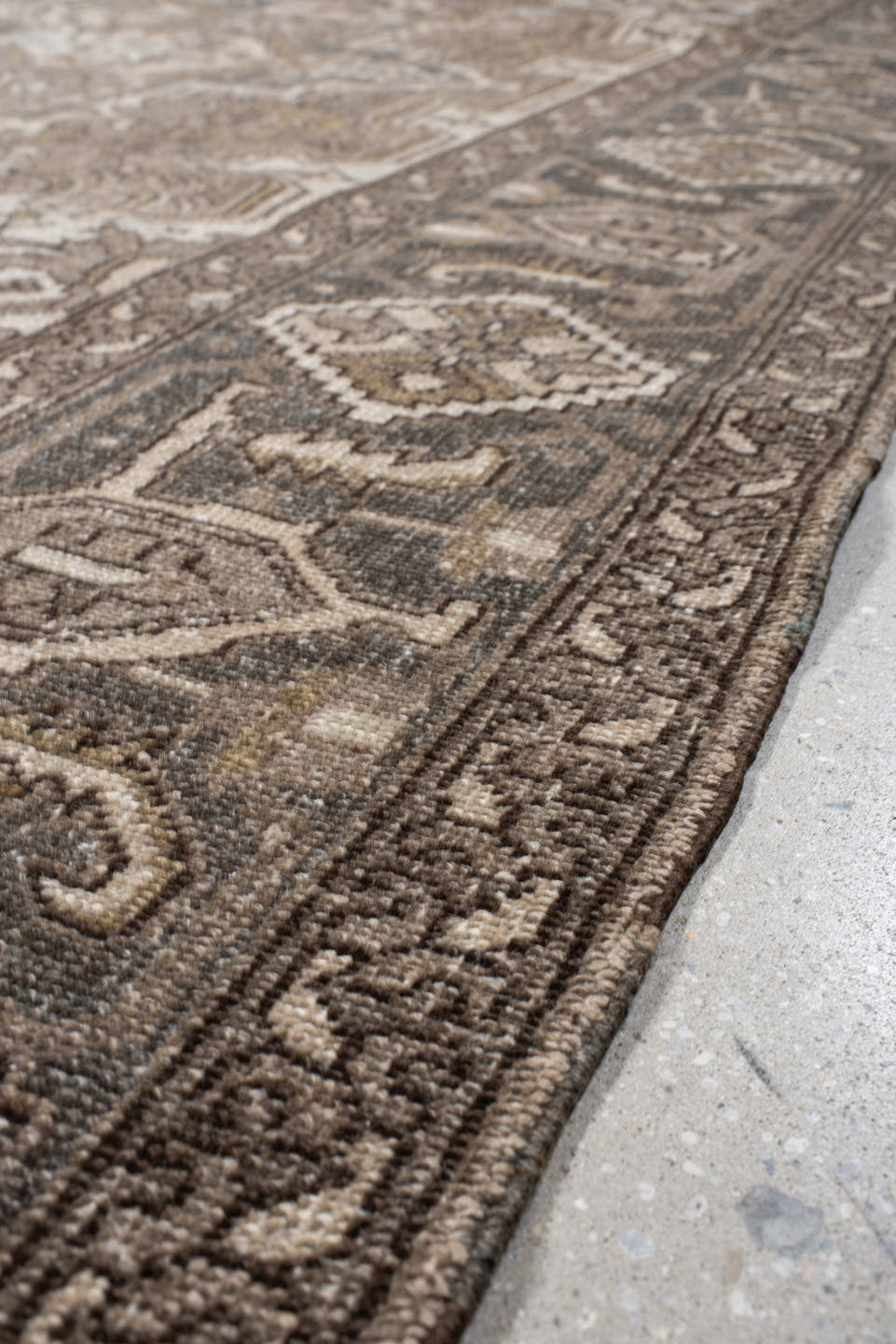 8' x 11' one-of-a-kind handmade vintage Heriz large size rug. Color palette: taupe, ivory, slate, brown, gold, charcoal