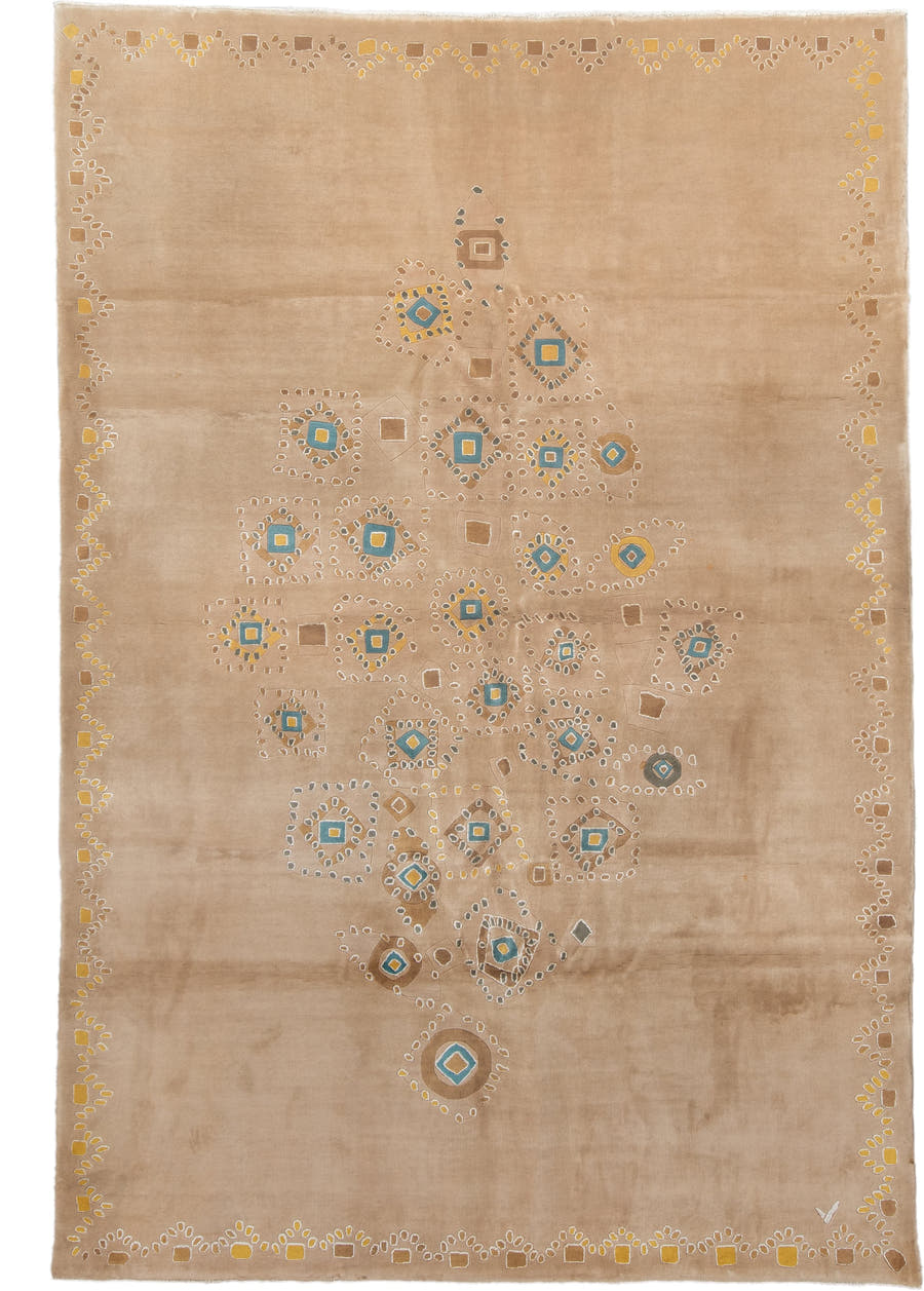 6' x 9' one-of-a-kind handmade vintage Kashan medium size rug. Color palette: camel, taupe, gold, ivory, slate, teal, beige