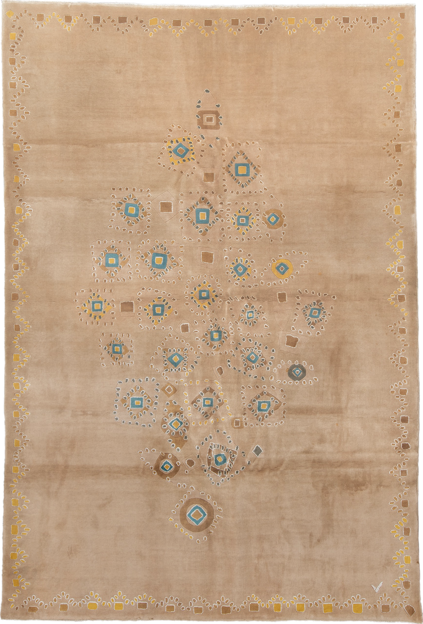 6' x 9' one-of-a-kind handmade vintage Kashan medium size rug. Color palette: camel, taupe, gold, ivory, slate, teal, beige