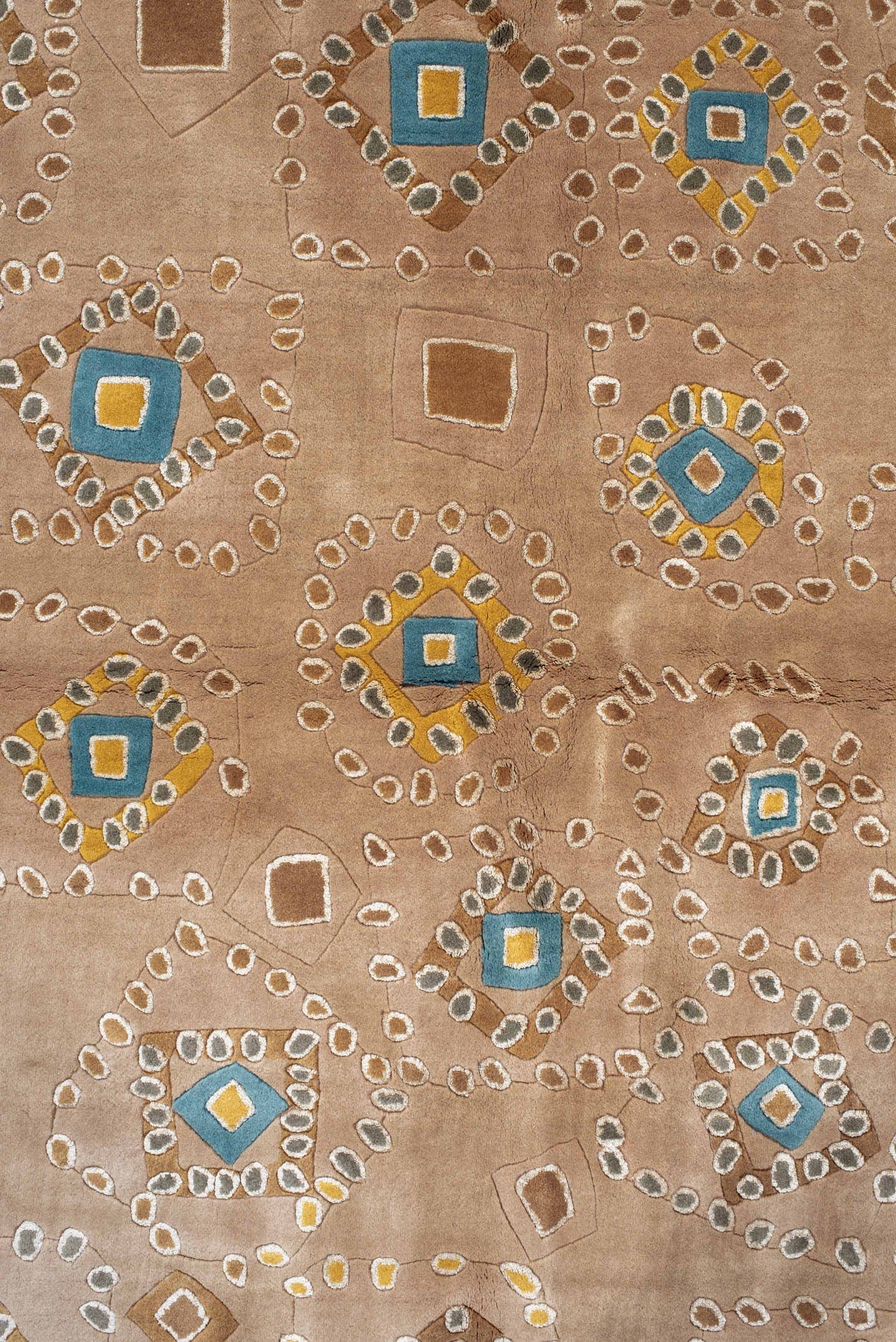 6' x 9' one-of-a-kind handmade vintage Kashan medium size rug. Color palette: camel, taupe, gold, ivory, slate, teal, beige