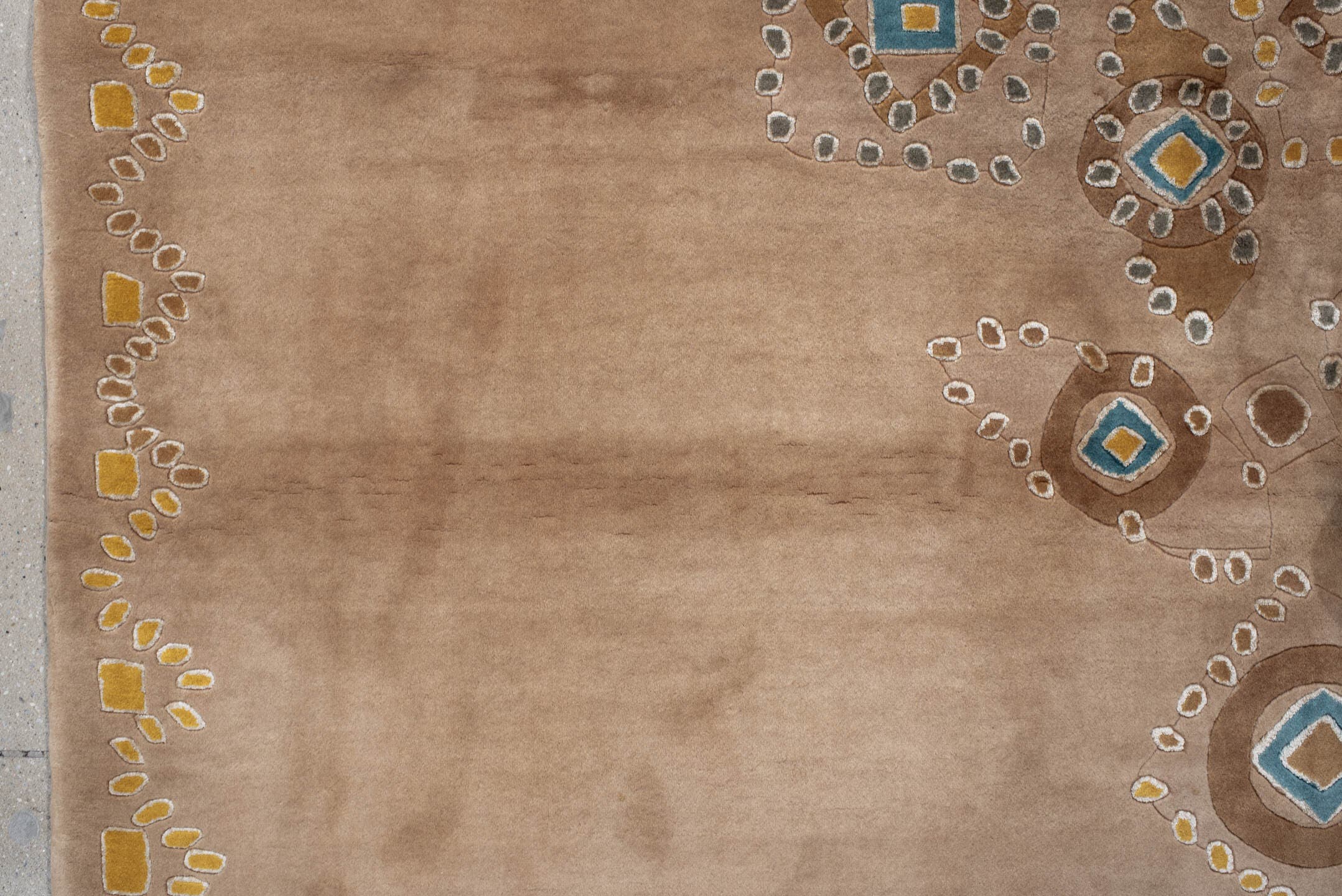 6' x 9' one-of-a-kind handmade vintage Kashan medium size rug. Color palette: camel, taupe, gold, ivory, slate, teal, beige