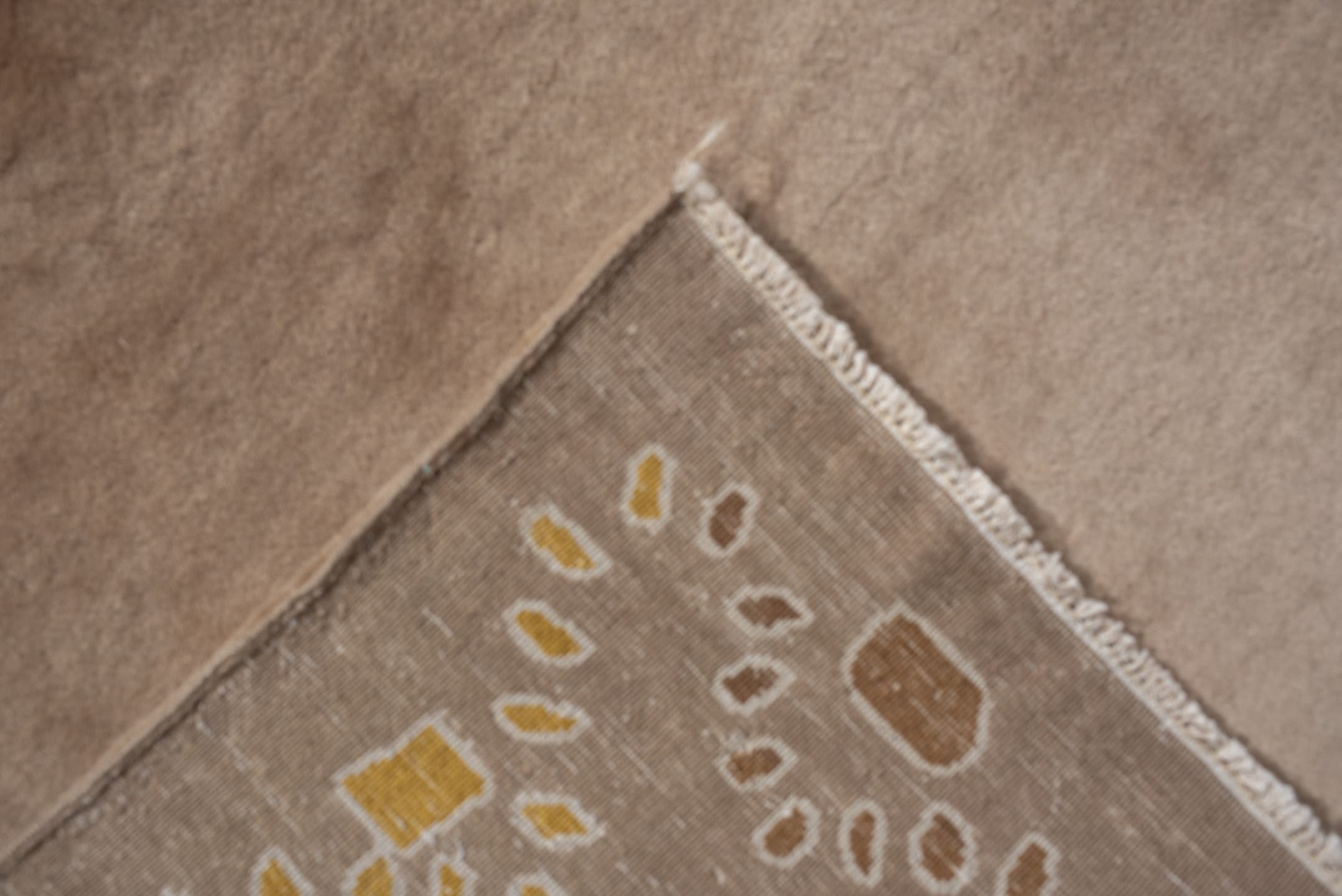 6' x 9' one-of-a-kind handmade vintage Kashan medium size rug. Color palette: camel, taupe, gold, ivory, slate, teal, beige