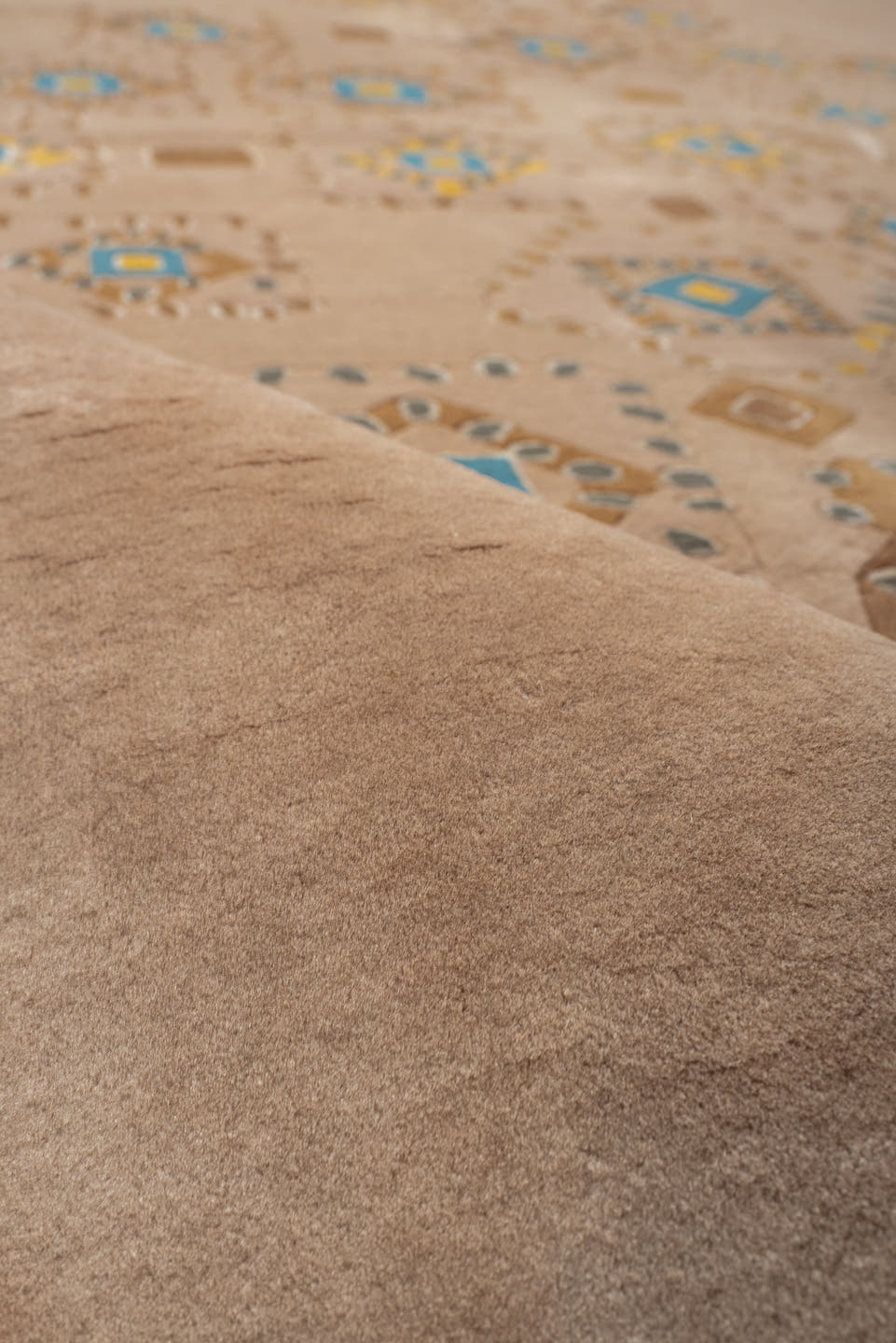 6' x 9' one-of-a-kind handmade vintage Kashan medium size rug. Color palette: camel, taupe, gold, ivory, slate, teal, beige