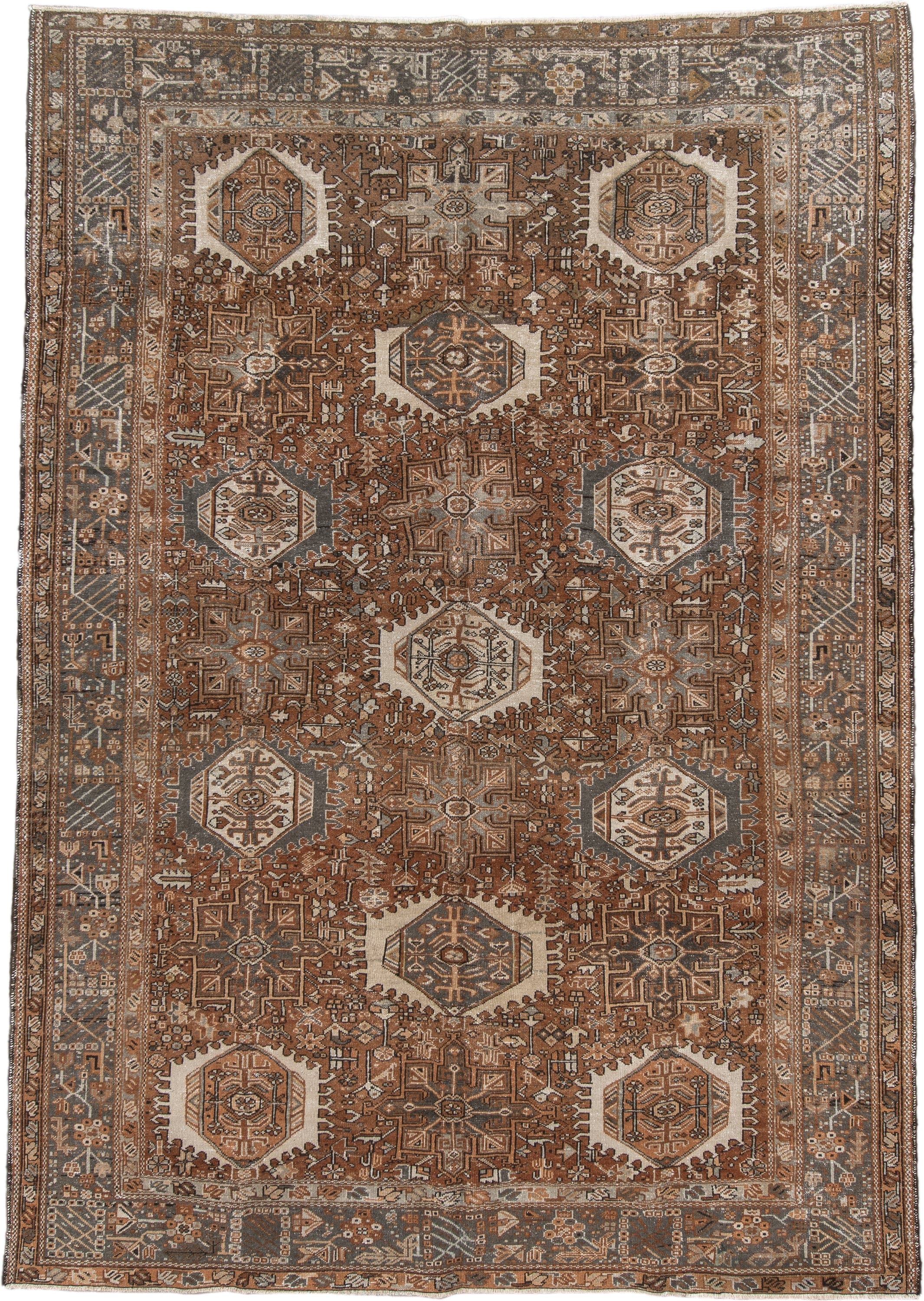 7' x 10' one-of-a-kind handmade vintage Karaje large size rug. Color palette: rust, brown, ivory, slate, taupe, camel