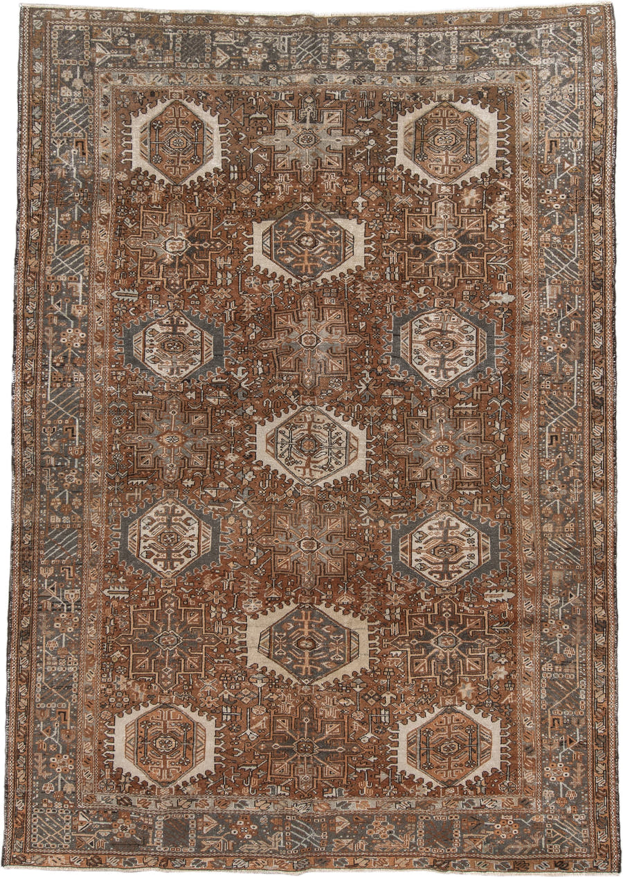 7' x 10' one-of-a-kind handmade vintage Karaje large size rug. Color palette: rust, brown, ivory, slate, taupe, camel