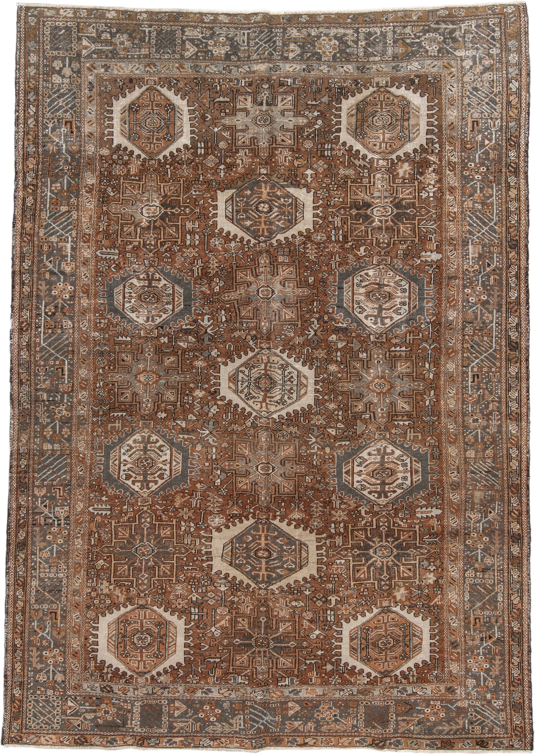 7' x 10' one-of-a-kind handmade vintage Karaje large size rug. Color palette: rust, brown, ivory, slate, taupe, camel